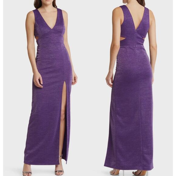 LULUS Ready to Stun Dress XS NWOT Purple Cutout Lurex Maxi Metallic Gown Glam - Picture 1 of 7